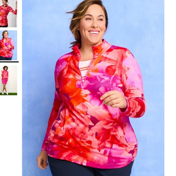 TALBOTS Classic French Terry Half Zip Pullover Pink Orange Blended Floral 3X - Picture 1 of 3